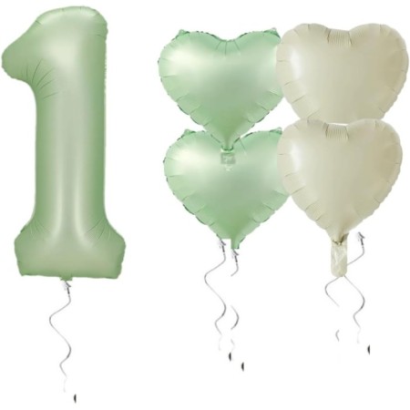 Retro Adaçayı Yeşil Rakam Ve Kalp Folyo Balon Seti