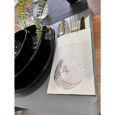 Gümüş Yaldızlı Beyaz İyi Bayramlar Cepli Aır Touch Peçete 12 lı 40x40