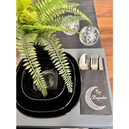 Gümüş Yaldızlı Siyah İyi Bayramlar Cepli Aır Touch Peçete 12 lı 40x40