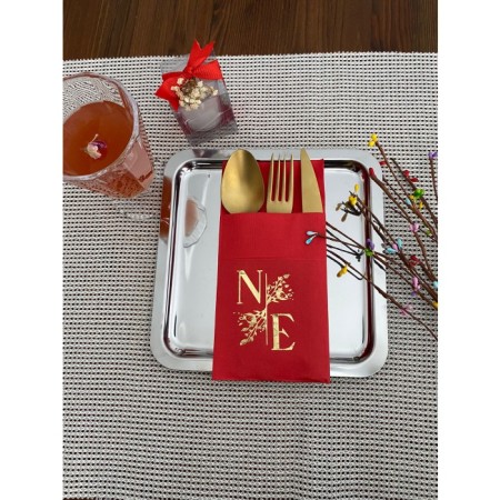 Kişiye Özel Kırmızı Üzeri Gold Yaldızlı Çiçek Detaylı Cepli Peçete 50 Adet