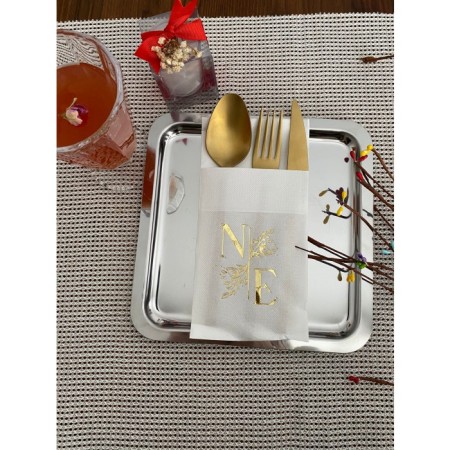 Kişiye Özel Beyaz Üzeri Gold Yaldızlı Çiçek Detaylı Cepli Peçete 50 Adet