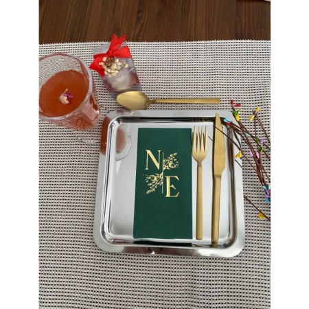 Kişiye Özel Yaldızlı Üzeri Gold Yaldızlı Çiçek Detaylı Garson Peçete 50 Adet