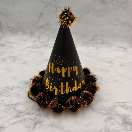 Happy Bırthday Parlak Varaklı Ponponlu Siyah Şapka 18x13 cm
