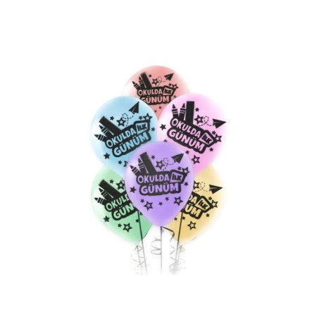 Okulda İlk Günüm Balonu Karışık Makaron Renkli 10 Adet Çubuk Hediyeli Çift Taraflı Baskılı