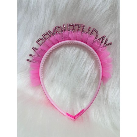 Taşlı Eva Happy Bırthday Yazılı Fuşya Tüylü