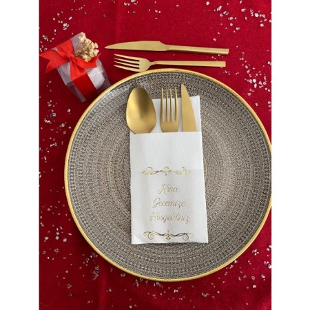 Gold Yaldızlı Beyaz Kına Gecemize Hoşgeldiniz Cepli Peçete 12 Adet 40x40