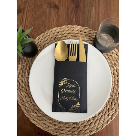 Gold Yaldızlı Siyah Çerçeveli Kına Gecemize Hoşgeldiniz Cepli Peçete 12 Adet 40x40