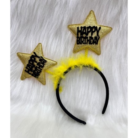 Happy Bırthday Yıldız Simli Gold  Sarı Tüylü Taç