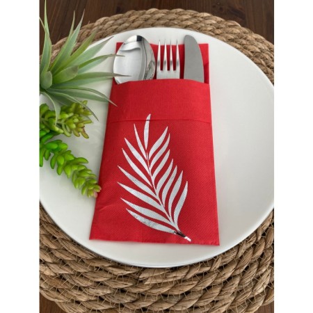 Gümüş Yaldızlı Kırmızı Yaprak Cepli Peçete 12 lı 40x40