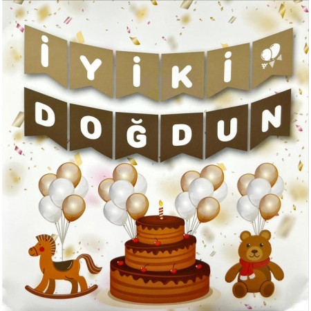 İyi Ki Doğdun Beyaz Yazılı Krem Kahverengi Banner