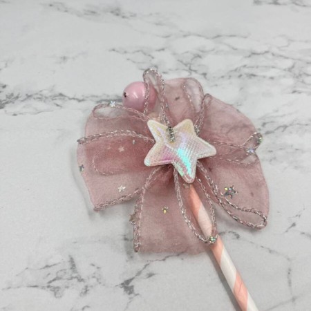Pasta Üstü Çubuklu Tüllü Yıldız Süs Pembe 23 cm