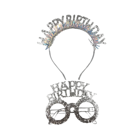 Plastik Happy Bırthday Simli Taç Gözlük Gümüş 2 li Set