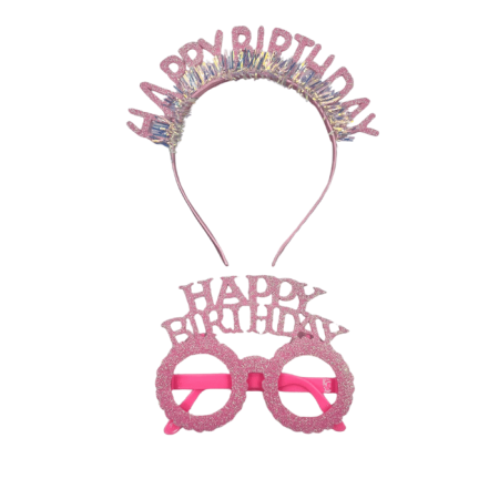 Plastik Happy Bırthday Simli Taç Gözlük Pembe 2 li Set