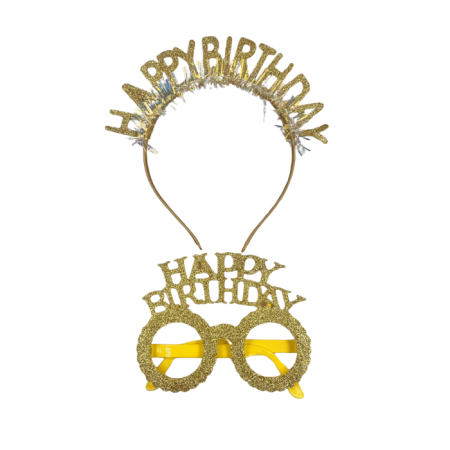Plastik Happy Bırthday Simli Taç Gözlük Gold 2 li Set
