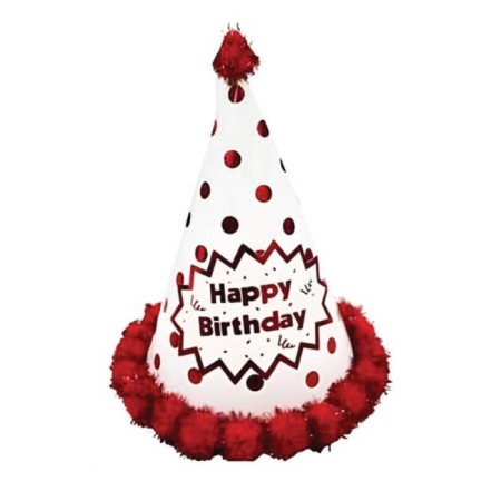 Happy Bırthday Parlak Parti Şapka Makaron Kırmızı Ponponlu 23 cm