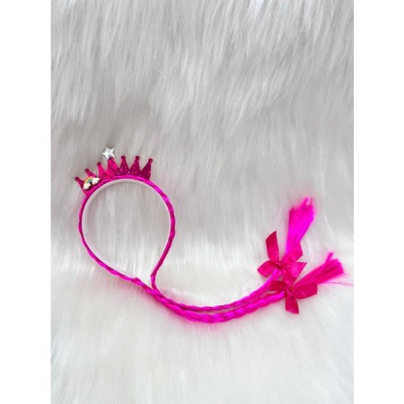 Saçlı Gökkuşağı Prenses Model Taç Fuşya 40 cm