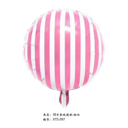Pembe Beyaz Çizgili Yuvarlak Folyo Balon 18 inç