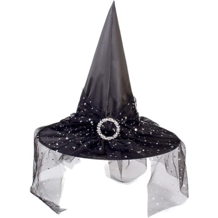 Peçeli Cadı Şapkası Kadife Tüllü Tokalı Siyah