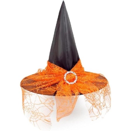 Peçeli Cadı Şapkası Kadife Tüllü Tokalı Turuncu