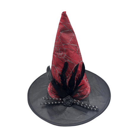 Cadı Şapkası Çiçekli Tüylü Model Kırmızı