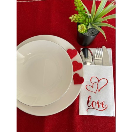 Kırmızı Yaldızlı Beyaz Cepli Aır Touch Kalpli Love Yazılı Peçete 12 Adet 40x40