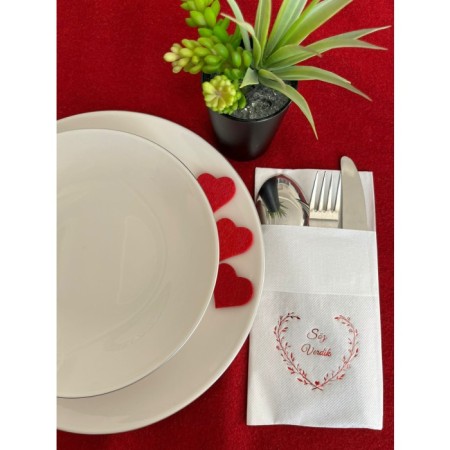 Kırmızı Yaldızlı Beyaz Söz Verdik Kalp Çelenk Cepli Peçete 12 lı 40x40