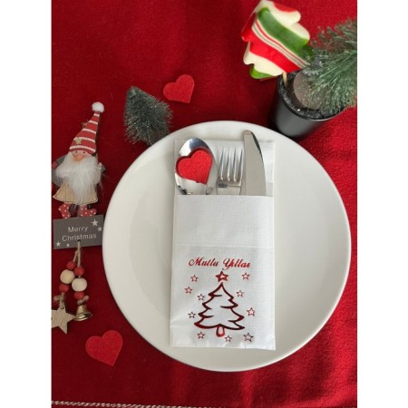 Kırmızı Yaldızlı Beyaz Mutlu Yıllar Cepli Aır Touch Peçete 12 lı 40x40