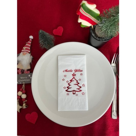 Kırmızı Yaldızlı Beyaz Mutlu Yıllar Çam Ağacı Peçete 16 lı