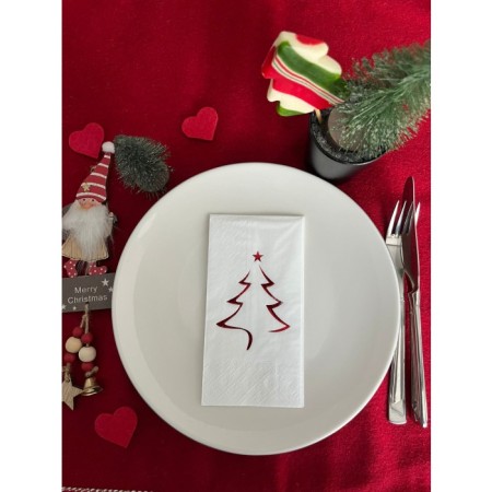 Kırmızı Yaldızlı Yılbaşı Çam Ağacı Desenli 16 lı Beyaz Renkli Kağıt Peçete