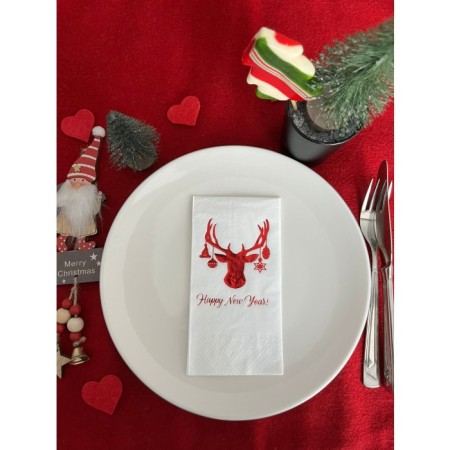 Kırmızı Yaldızlı Beyaz Yılbaşı Geyik Modeli Peçete 16 lı