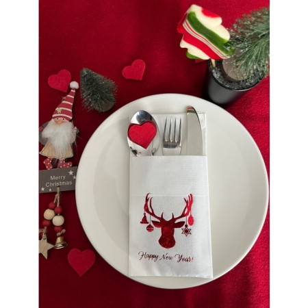 Kırmızı Beyaz Cepli Aır Touch Yılbaşı Geyik Modeli Peçete 12 Adet 40x40