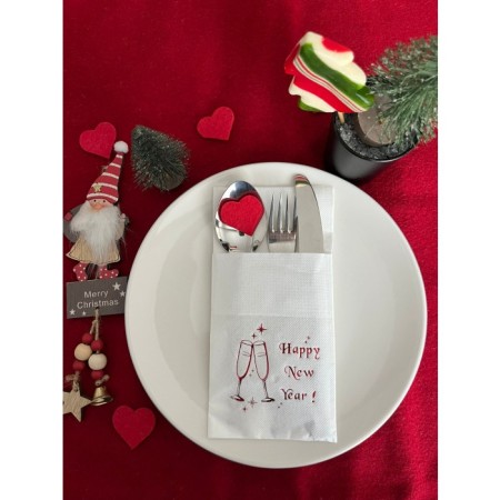Kırmızı Yaldızlı Beyaz Cepli Yılbaşı Kadeh Happy New Year Kağıt Peçete 12 Adet 40x40