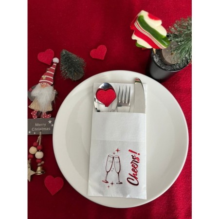 Kırmızı Yaldızlı Beyaz  Cepli Yılbaşı Cheers Modeli Peçete 12 Adet 40x40