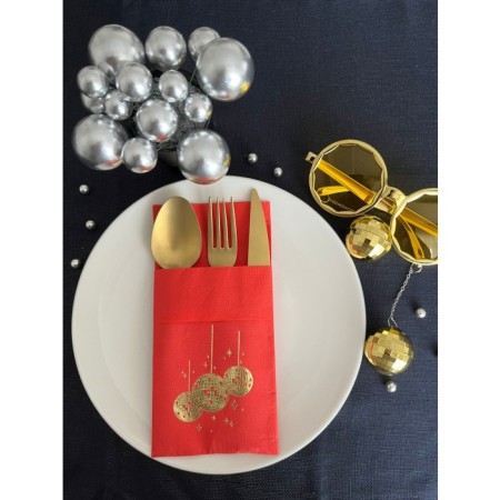 Gold Yaldızlı Kırmızı Disco Topu Cepli Peçete 12 Adet 40x40