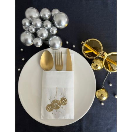 Gold Yaldızlı Beyaz Disco Topu Cepli Peçete 12 Adet 40x40