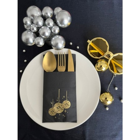 Gold Yaldızlı Siyah Disco Topu Cepli Peçete 12 Adet 40x40