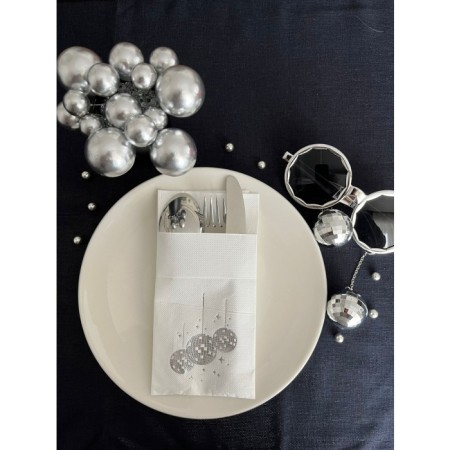 Gümüş Yaldızlı Beyaz Disco Topu Cepli Peçete 12 Adet 40x40