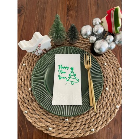 Yeşil Yaldızlı Beyaz Happy New Year Çam Ağacı Peçete 16 lı