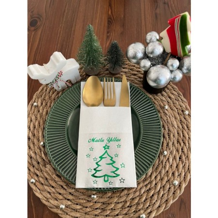 Yeşil Yaldızlı Beyaz Mutlu Yıllar Cepli Aır Touch Peçete 12 lı 40x40