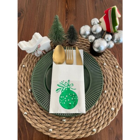 Yeşil Yaldızlı Yılbaşı Çam Ağacı Süsü 12 li Beyaz Renkli Kağıt Cepli Peçete
