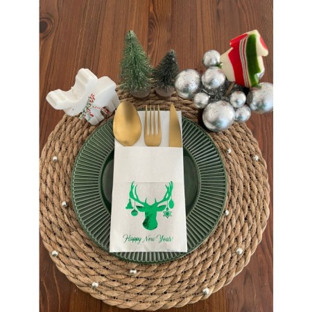 Yeşil Yaldızlı Beyaz Cepli Aır Touch Yılbaşı Geyik Modeli Peçete 12 Adet 40x40