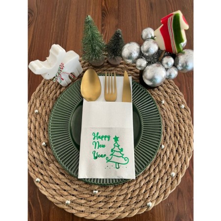 Yeşil Yaldızlı Beyaz Cepli Happy New Year Çam Ağacı  Peçete 12 Adet 40x40