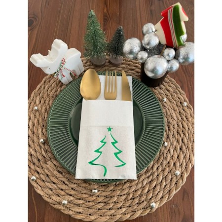 Yeşil Yaldızlı Yılbaşı Çam Ağacı Desenli 12 li Beyaz Renkli Kağıt Cepli Peçete