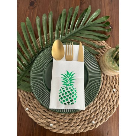 Yeşil Yaldızlı Beyaz Cepli Ananas Peçete 12 Adet 40x40
