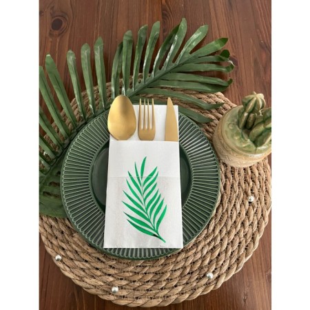 Yeşil Yaldızlı Beyaz Yaprak Cepli Aır Touch Peçete 12 lı 40x40