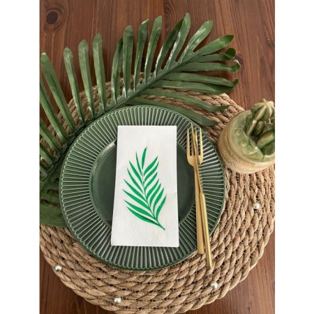 Yeşil Yaldızlı Beyaz Yaprak Desenli Peçete 16 lı