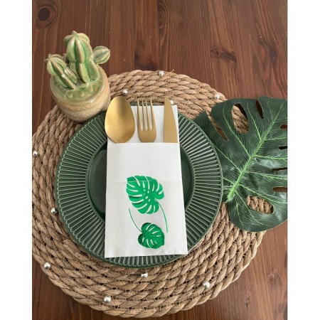 Yeşil Yaldızlı Beyaz Cepli Deve Tabanı Peçete 12 Adet 40x40