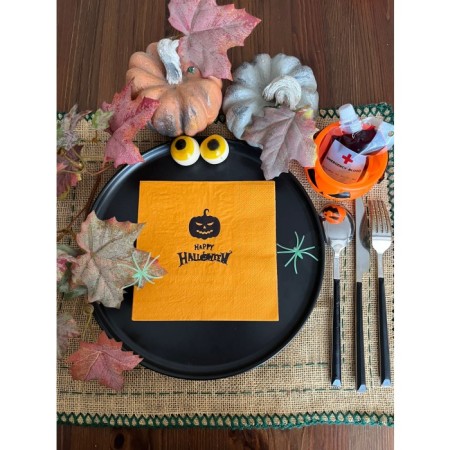 Siyah Yaldızlı Turuncu Happy Halloween Kare Peçete 12 lı