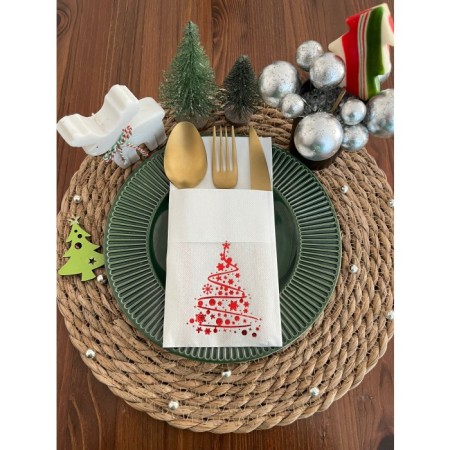 Kırmızı Yaldızlı Beyaz Cepli Çam Ağacı Peçete 12 Adet 40x40