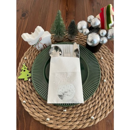 Gümüş Yaldızlı Yılbaşı Çam Ağacı Süsü 12 li Beyaz Renkli Kağıt Cepli Peçete